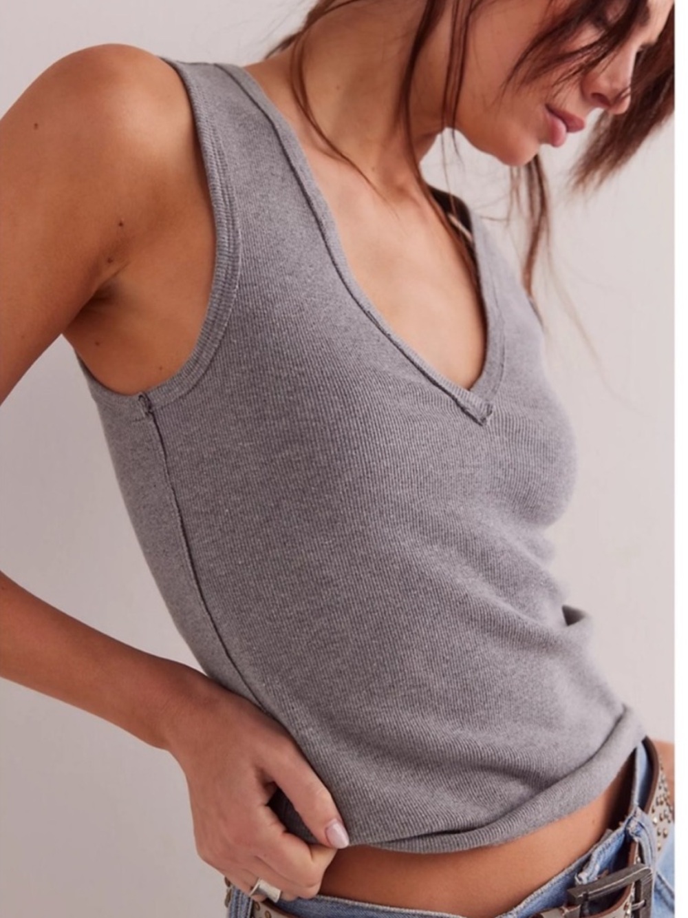 We The Free Neria Deep V-Neck Tank Top Heather Gray Free People Brand New XS